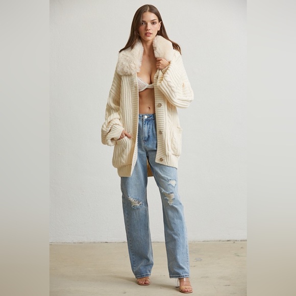 Dresses & Skirts - Maeve Faux Fur Trim Cableknit Oversized Sweater In Cream